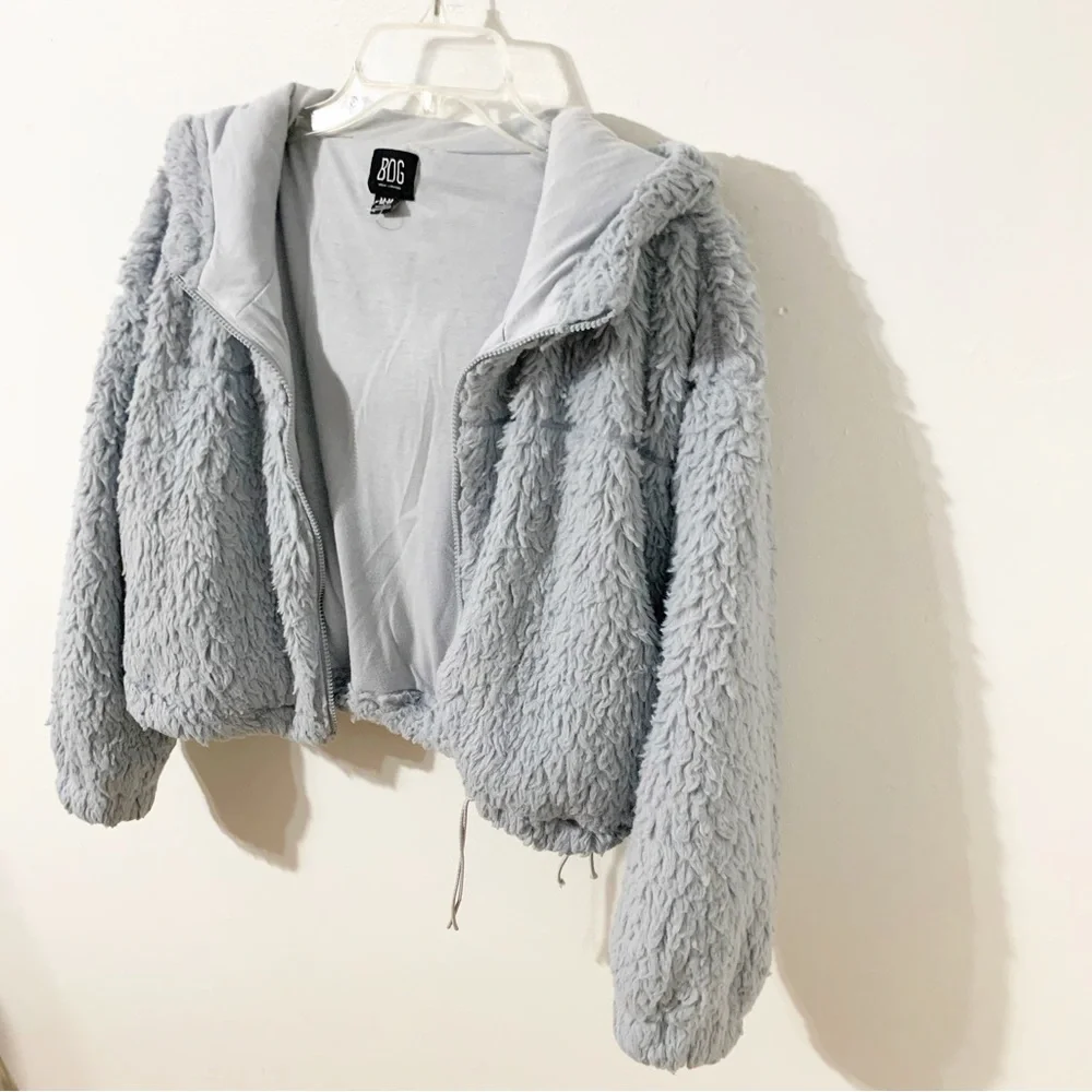 Urban Outfitters BDG Hooded Cropped Fuzzy Sherpa Zip Teddy Jacket Coat Pockets